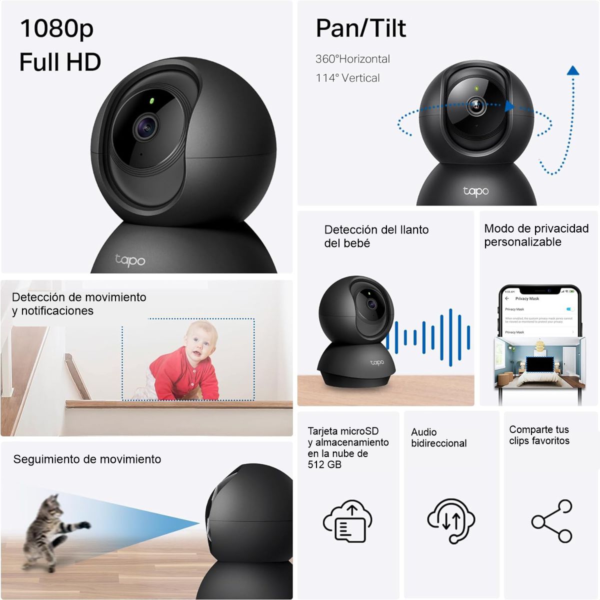 Cámara IP WiFi TP-Link Tapo C201 Robótica 360° Full HD 1080p Audio Bidireccional Visión Nocturna + Micro SD 128GB