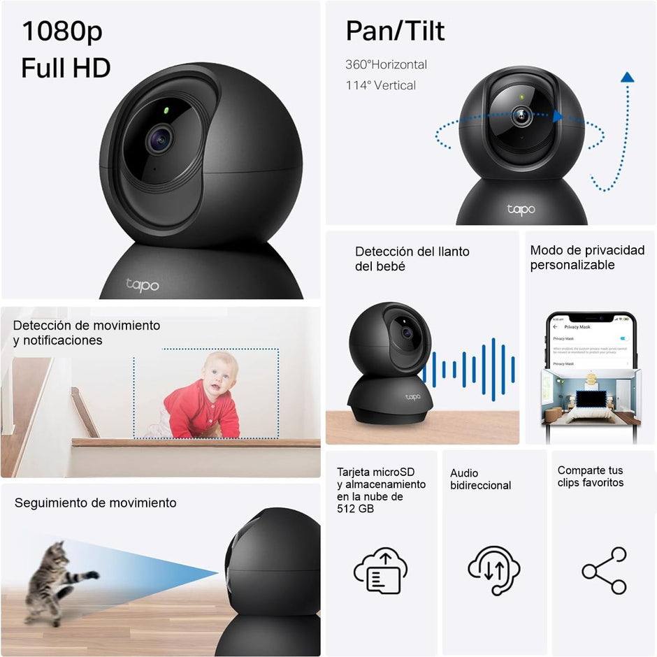 Cámara IP WiFi TP-Link Tapo C201 Robótica 360° Full HD 1080p Audio Bidireccional Visión Nocturna + Micro SD 128GB