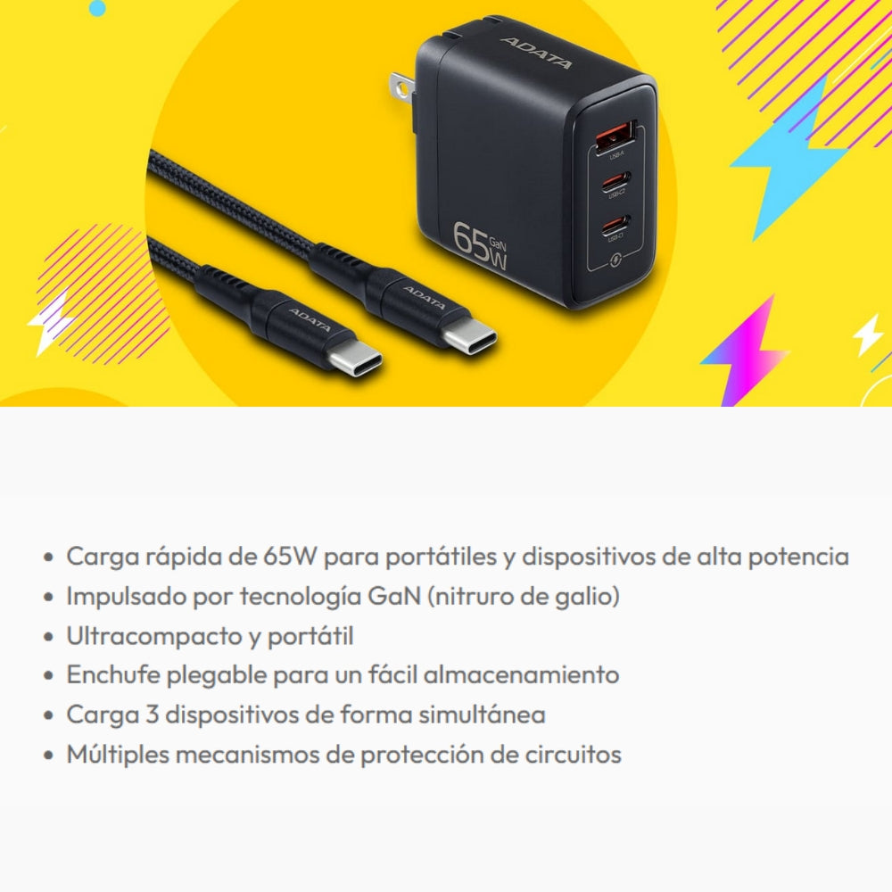 Cargador De Pared Adata Gan 65w 2 En 1 con Cable USB-C de 2m, 100w