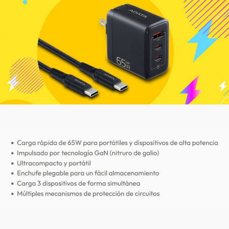 Cargador De Pared Adata Gan 65w 2 En 1 con Cable USB-C de 2m, 100w