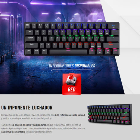 T-Dagger Teclado Mecánico T-TGK321 Arena Lite Switch Red 60% Rainbow Español LAT negro antighosting RGB