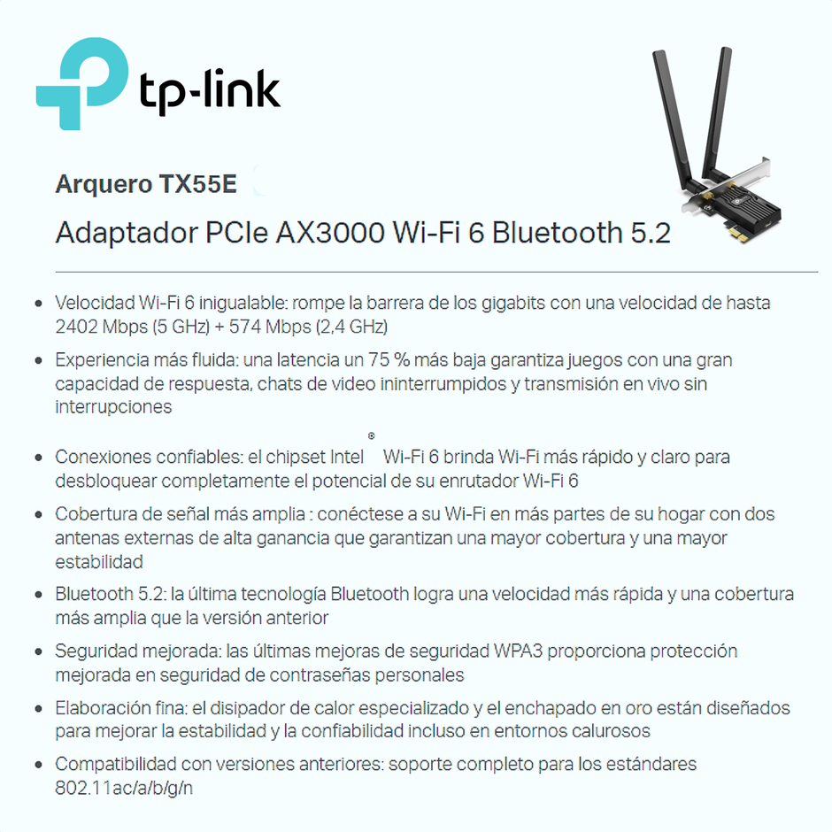 Tarjeta Pcie Wifi 6 Ax3000 + Bt 5.2, Tp-link Archer Tx55e