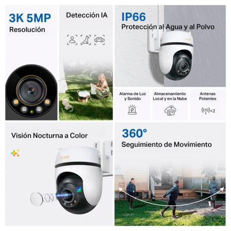 Cámara WiFi TP-Link Tapo C530WS 360° 3K 5MP para Exteriores con Visión Nocturna a Color y Detección IA Avanzada