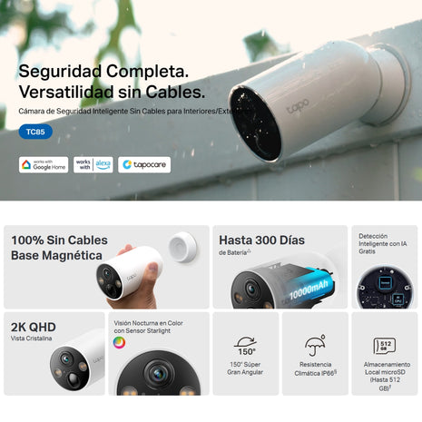 Cámara IP WiFi TP-Link Tapo TC85 Inteligente para Exterior con Batería Recargable y Detección IA Avanzada IP66