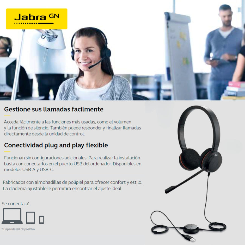 Audífonos Diadema Profesional Jabra Evolve 20 MS Estéreo USB-C/A Micrófono Control Volumen Call Center