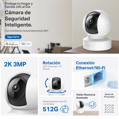 Cámara WiFi TP-Link Tapo C212 360° 2K 3MP Visión Nocturna Seguimiento IA y Detección de Personas + Micro SD 64GB