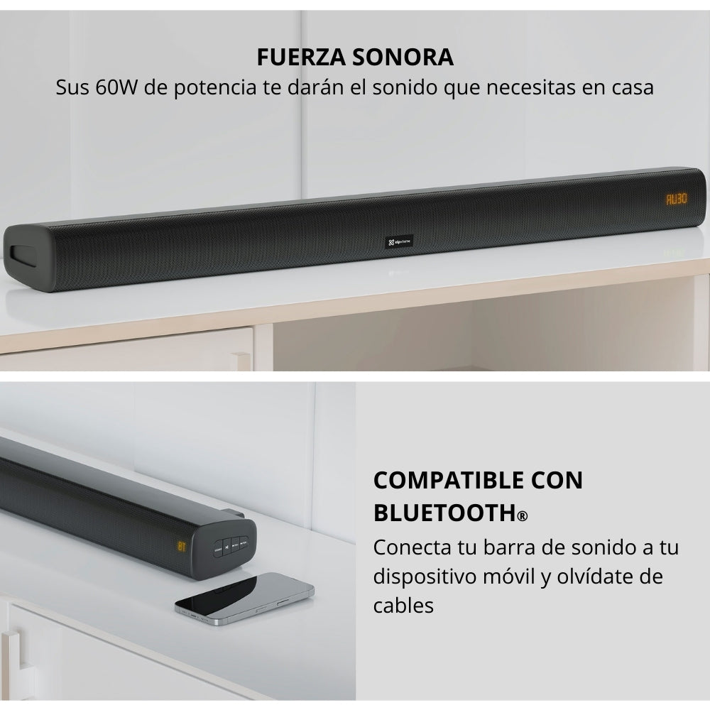 Barra de Sonido Klip Xtreme Tunebar 60W RMS Bluetooth USB HDMI ARC Óptico Digital RCA + Control Remoto