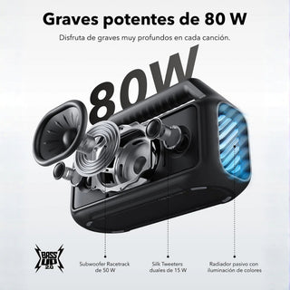 Parlante Bluetooth Soundcore Boom 2 Protección IPX7 Sonido 2.1 80W RMS Batería 24h PowerBank Luces LED
