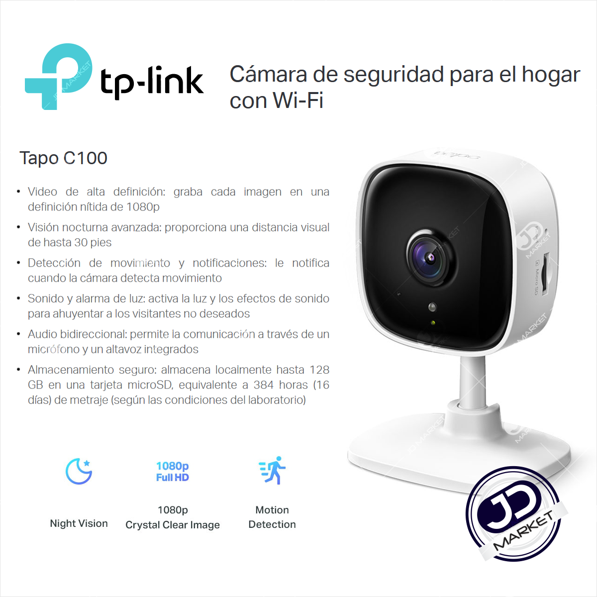 Tp-link, Cámara De Seguridad Wifi, Full Hd, Audio, Tapo C100 Blanco