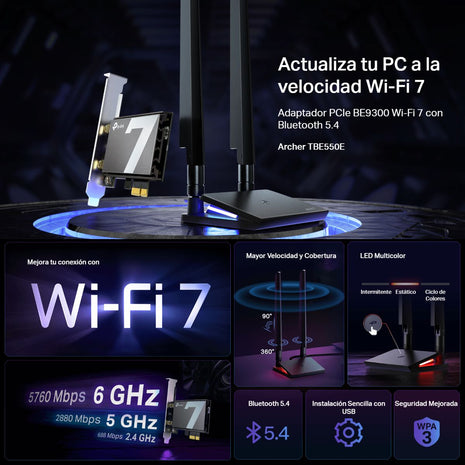 Adaptador Wi-Fi 7 PCIe TP-Link Archer TBE550E BE9300 Triple Banda con Bluetooth 5.4 y Antenas Magnéticas