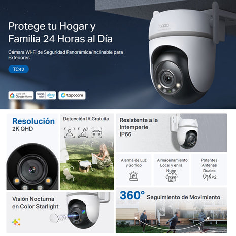 Cámara IP WiFi TP-Link Tapo TC42 Robótica 360° para Exteriores con Visión Nocturna a Color y Detección IA Avanzada