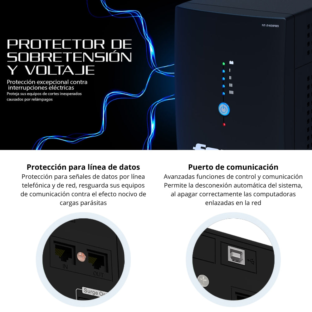 UPS Interactiva Forza NT-2401PRO 2400VA 1200W con 10 Tomas, Regulador AVR y Puerto RJ45