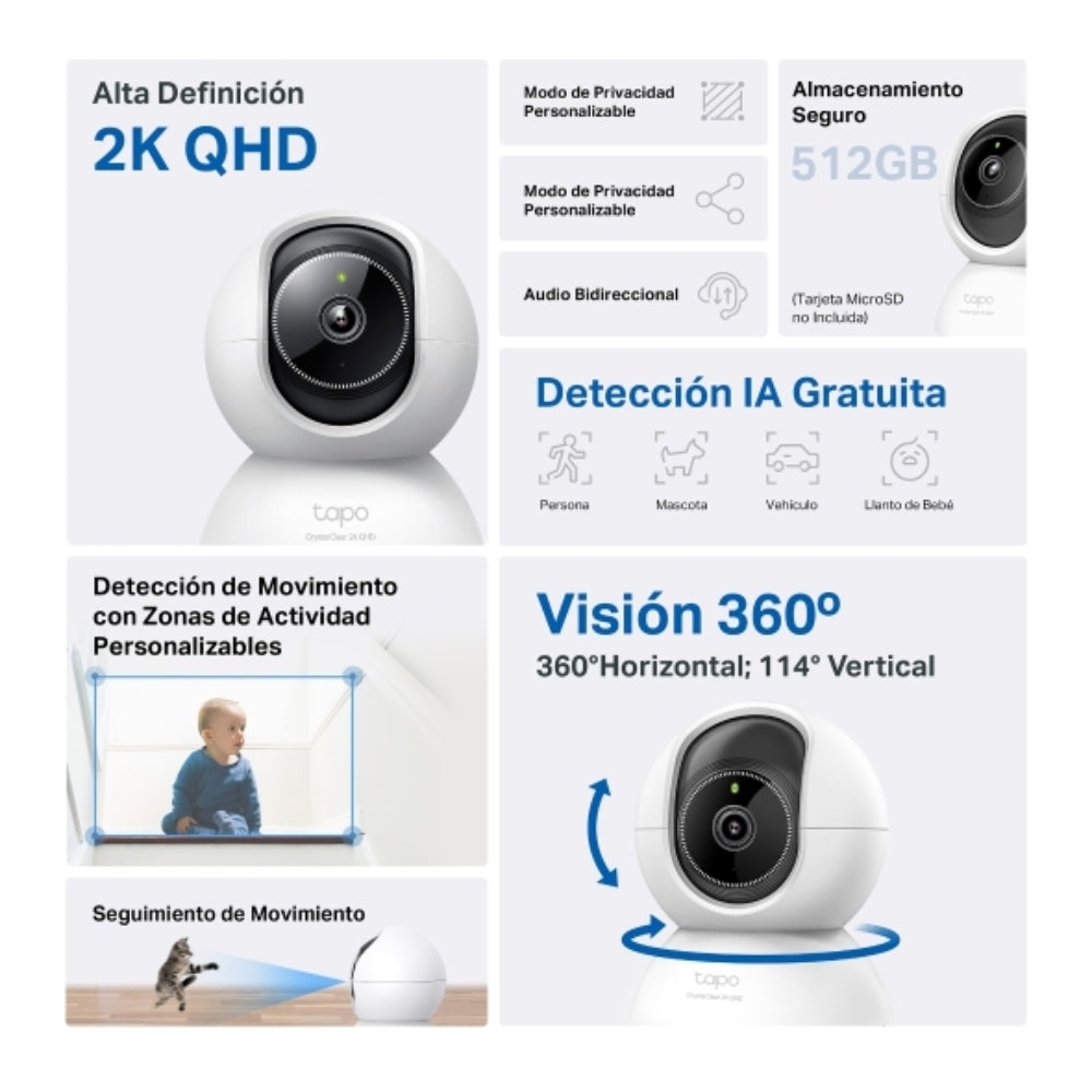 Cámara Wi-Fi Tp-Link Tapo C220 de 360° con Vista 2K 4MP, Detección IA Avanzada
