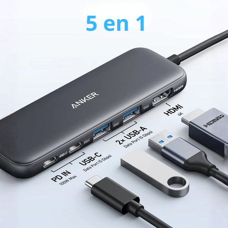 Hub USB-C 5 en 1 Anker 332 con HDMI 4K, 2 USB-A, USB-C y Power Delivery 100W para Laptop