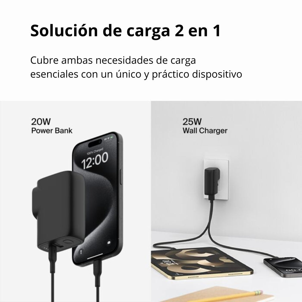 Cargador de Pared Belkin BPZ003dqBK USB-C PD 25W y USB-A + Power Bank 5000mAh Híbrido 2 en 1