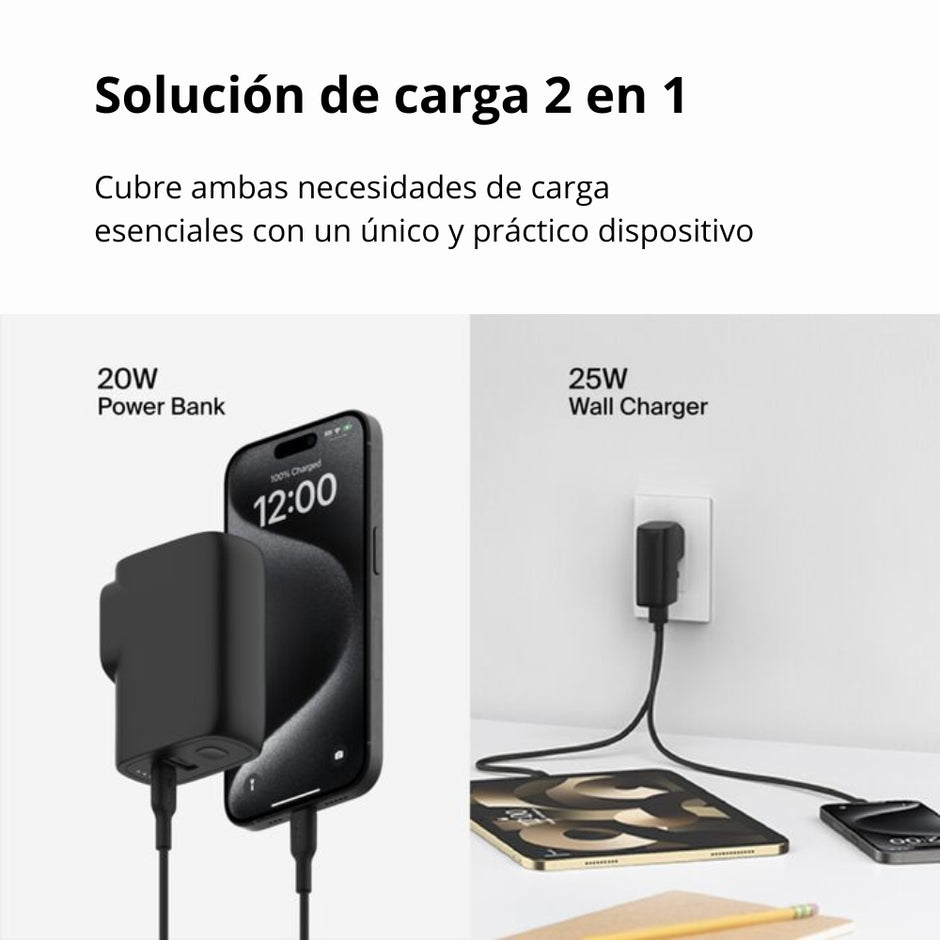Cargador de Pared Belkin BPZ003dqBK USB-C PD 25W y USB-A + Power Bank 5000mAh Híbrido 2 en 1