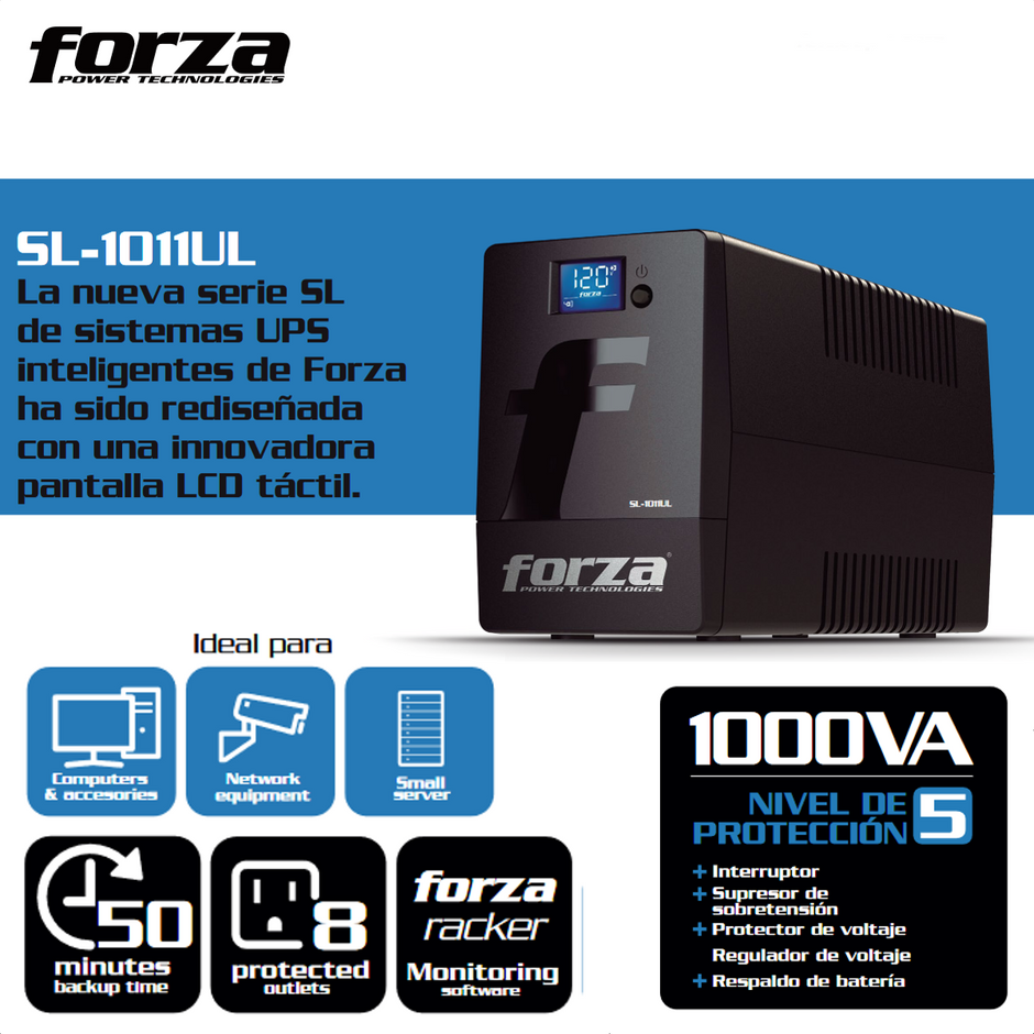 UPS Interactiva Forza SL-1011UL 1000VA 600W con 8 Tomas LCD Táctil AVR y USB
