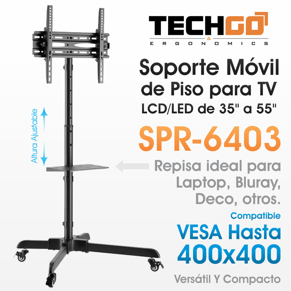 Soporte Móvil con Ruedas para TV de 32'' a 55'' TechGo SPR-6403 hasta 35kg + 1 Repisa