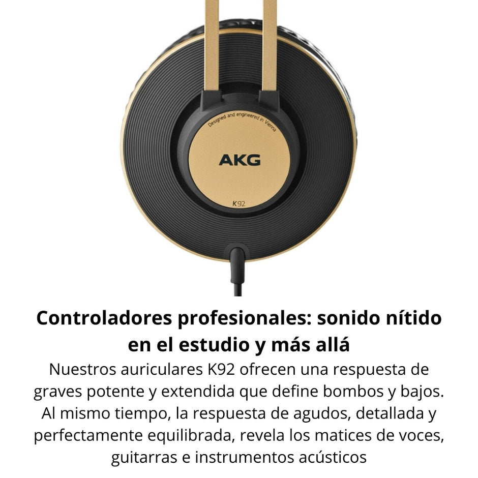 Audífonos de Estudio AKG K92 Profesionales Cerrados Monitoreo 40mm 16Hz-22kHz Cable 3m - Negro/Oro