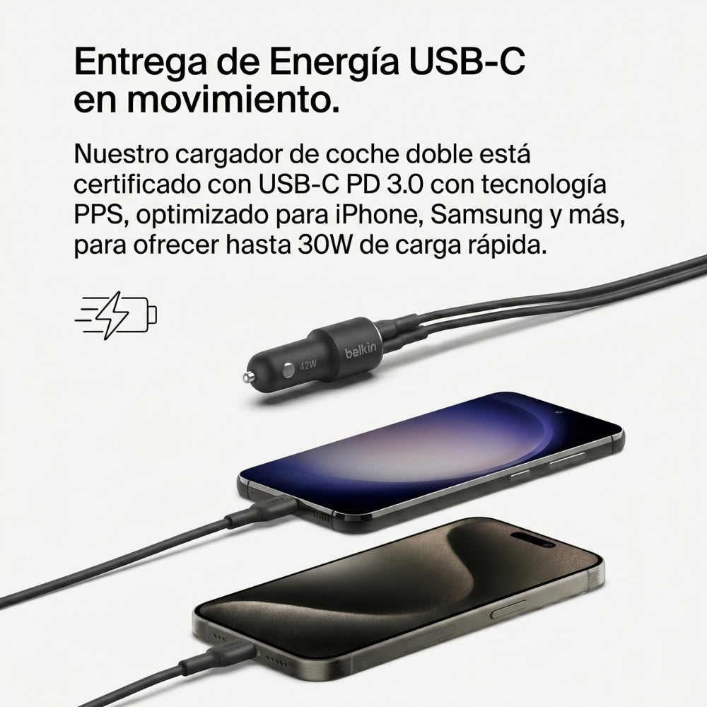 Cargador de Carro Belkin CCB005btBK USB-C USB-A 42W con Carga Rápida para iPhone y Android