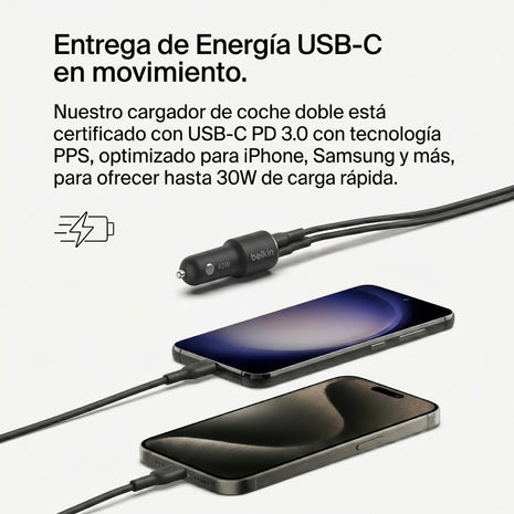 Cargador de Carro Belkin CCB005btBK USB-C USB-A 42W con Carga Rápida para iPhone y Android