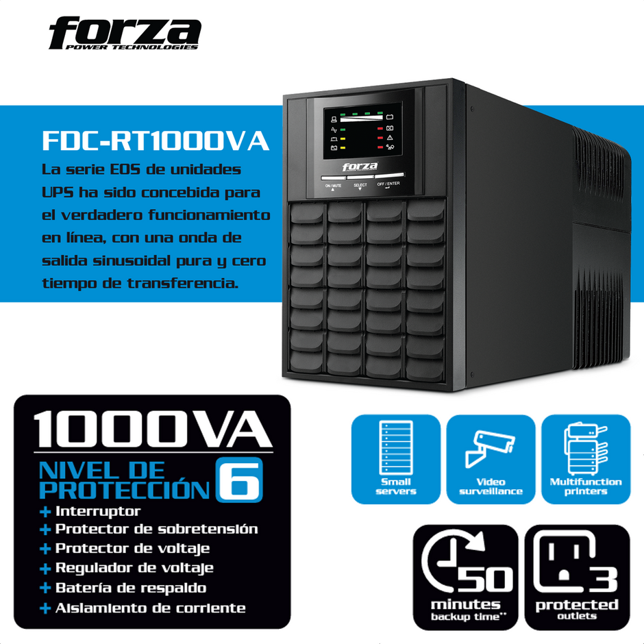 UPS Online Forza FDC-RT1000VA 1000VA 700W Onda Senoidal Pura Doble Conversión 120V