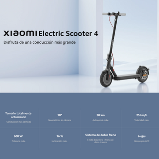 Patineta Eléctrica Xiaomi Scooter 4 Llantas 10” Max 600W Alcance 35km Freno Frontal E-ABS + Disco IP54
