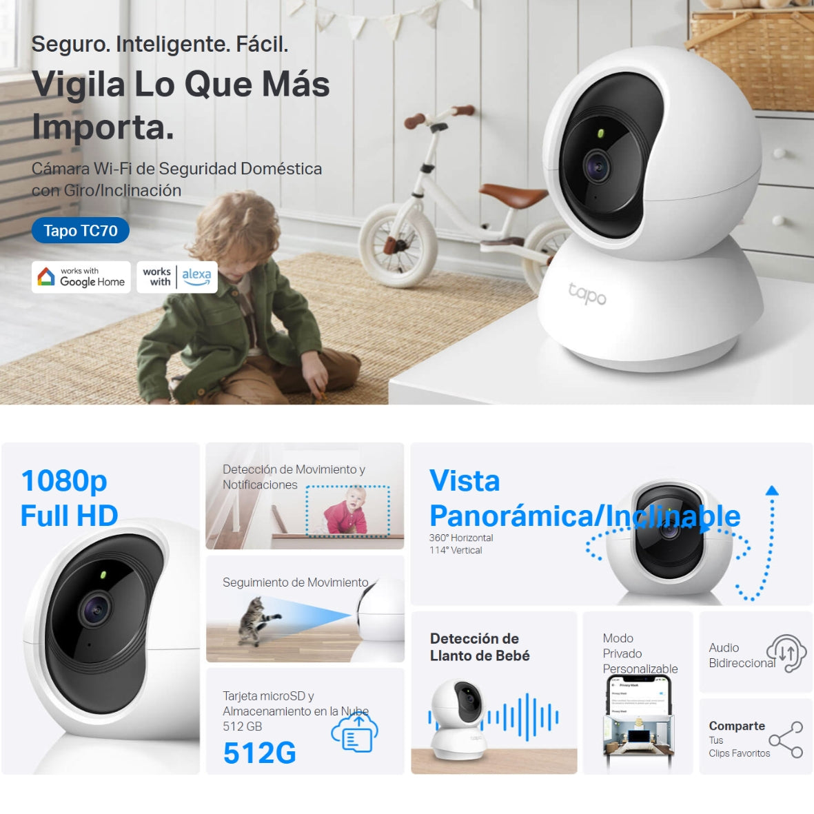 Cámara IP Wifi Robótica, TP-Link Tapo TC70 Full HD / Audio