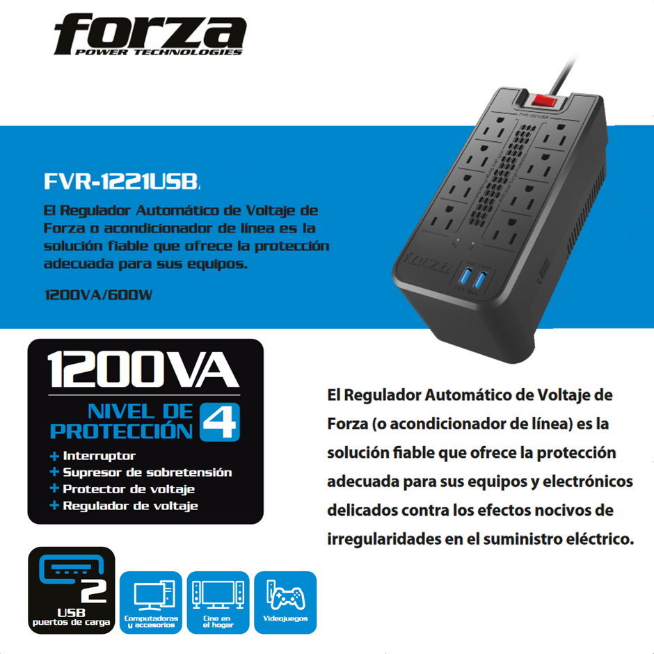 Regulador de Voltaje Automático Forza FVR-1221USB de 1200VA con 8 Tomas + 2 USB