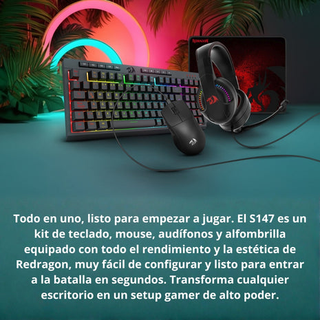 Combo Gamer 4en1 Redragon S147 RGB Teclado Shiva + Mouse K1ng + Diadema Cronus + Pad Mouse Pisces