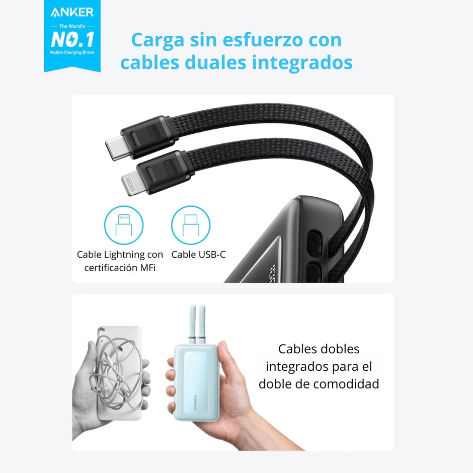 Batería Power Bank Anker Zolo 10000mAh Carga Rápida 30W Cables USB-C + Lightning Integrados iPhone - Negro