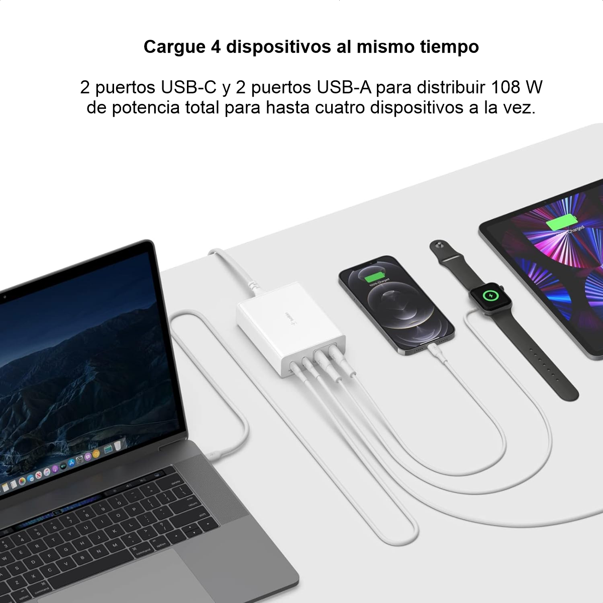 Cargador de Pared Belkin BoostCharge Pro WCH010dqWH GaN 108W con 2 USB-C y 2 USB-A Blanco