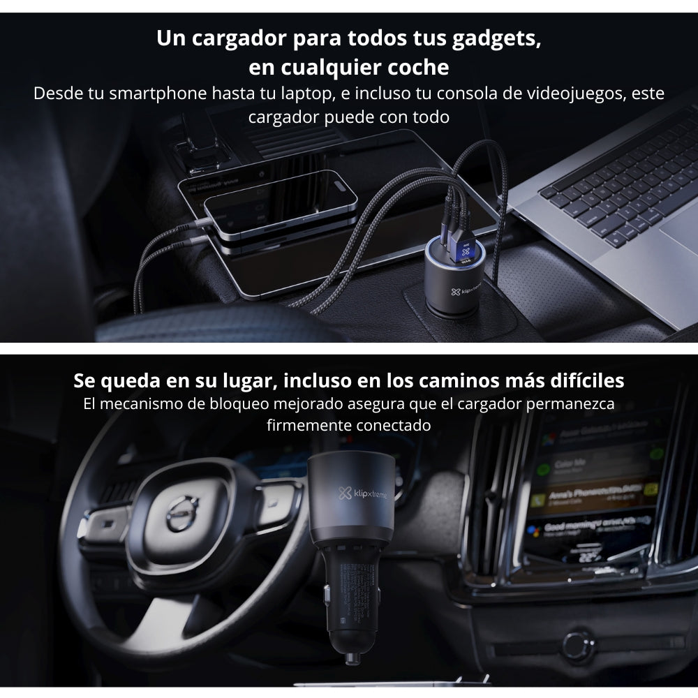 Cargador De Carro KlipXtreme PowerCar KCC-140, 3 Puertos (2 USB-C, 1 USB-A), 140W, Negro