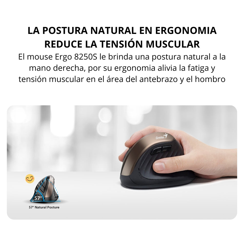 Mouse Vertical Genius Ergo 8250s Inalámbrico 6 Botones, Negro-dorado