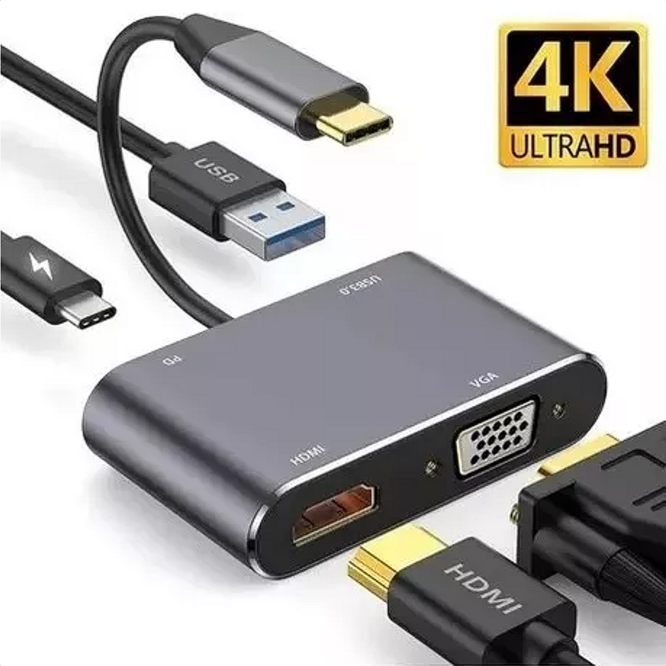 Adaptador Hub Usb-c 4en1 Con Hdmi + Vga + Usb 3.0 + Usb-c/pd