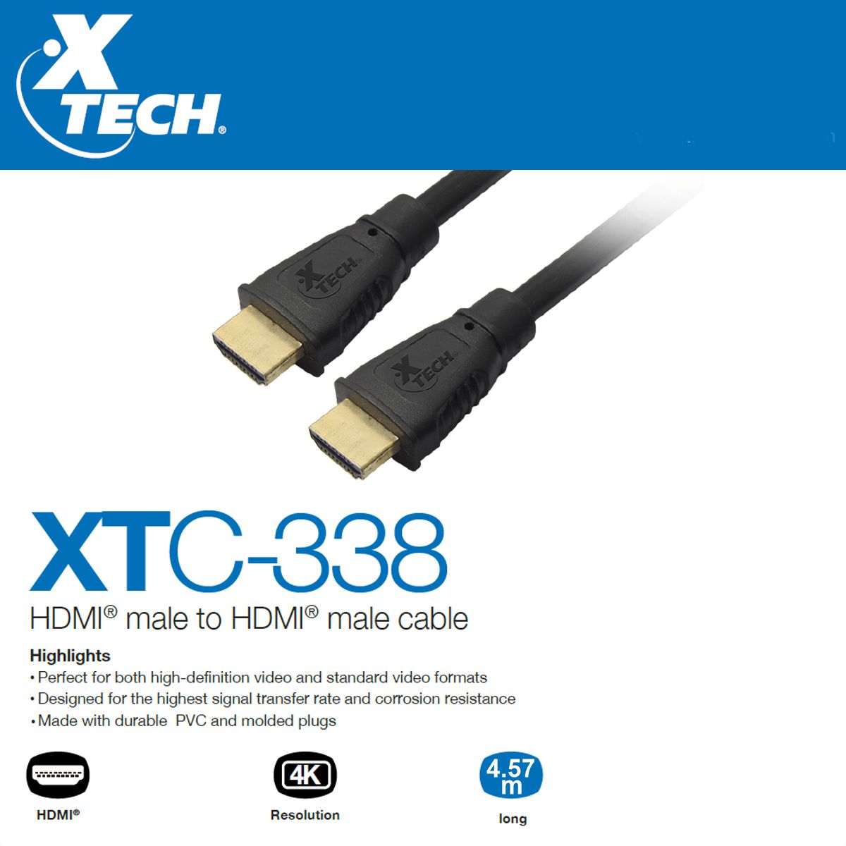 Cable HDMI Xtech XTC-338 4.57 Metros 4K Ultra HD Macho a Macho 30 AWG