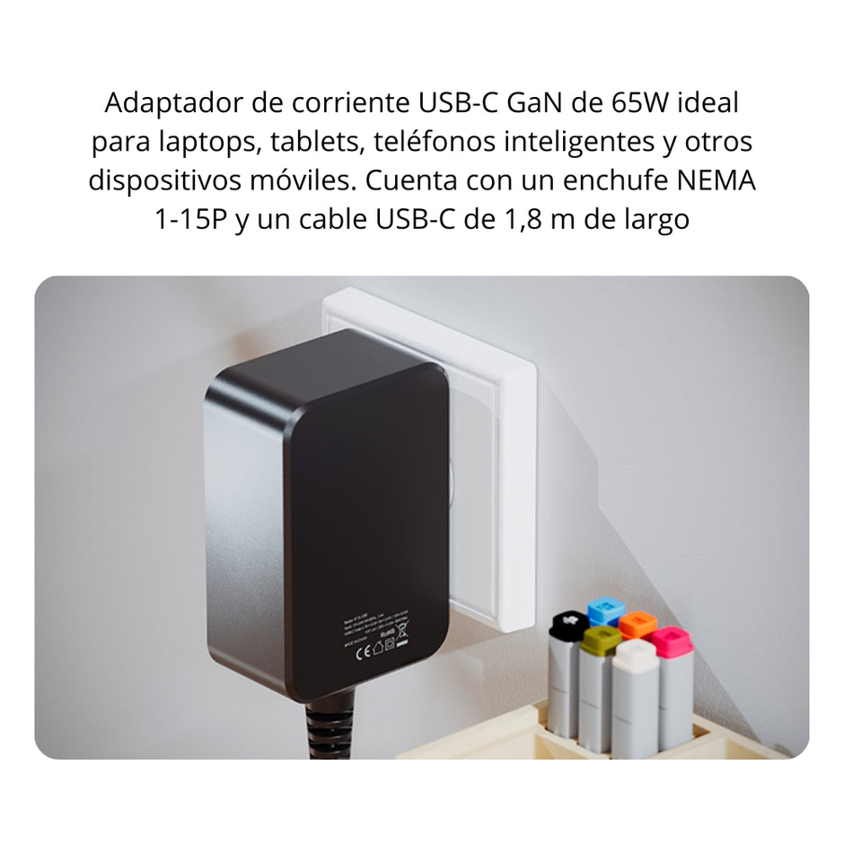 Cargador Laptop Xtech XTC-230 Adaptador Corriente GaN 65W USB-C Carga Rápida Cable 1.8m Celular Tablet