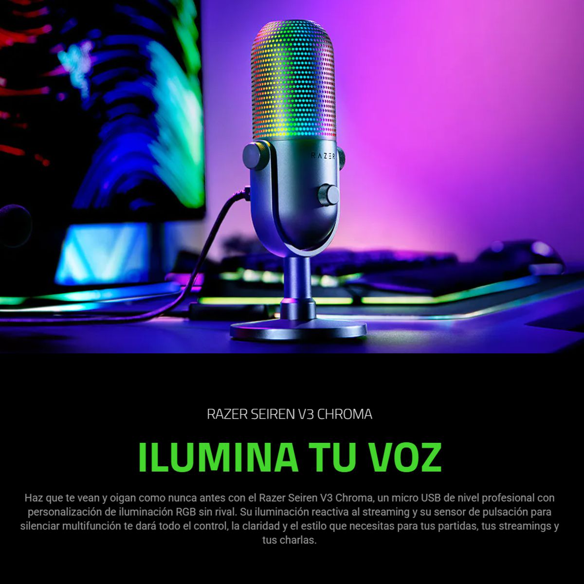 Micrófono Razer Seiren V3 Chroma USB RGB 96kHz 24bit Supercardioide para Streaming Profesional Blanco
