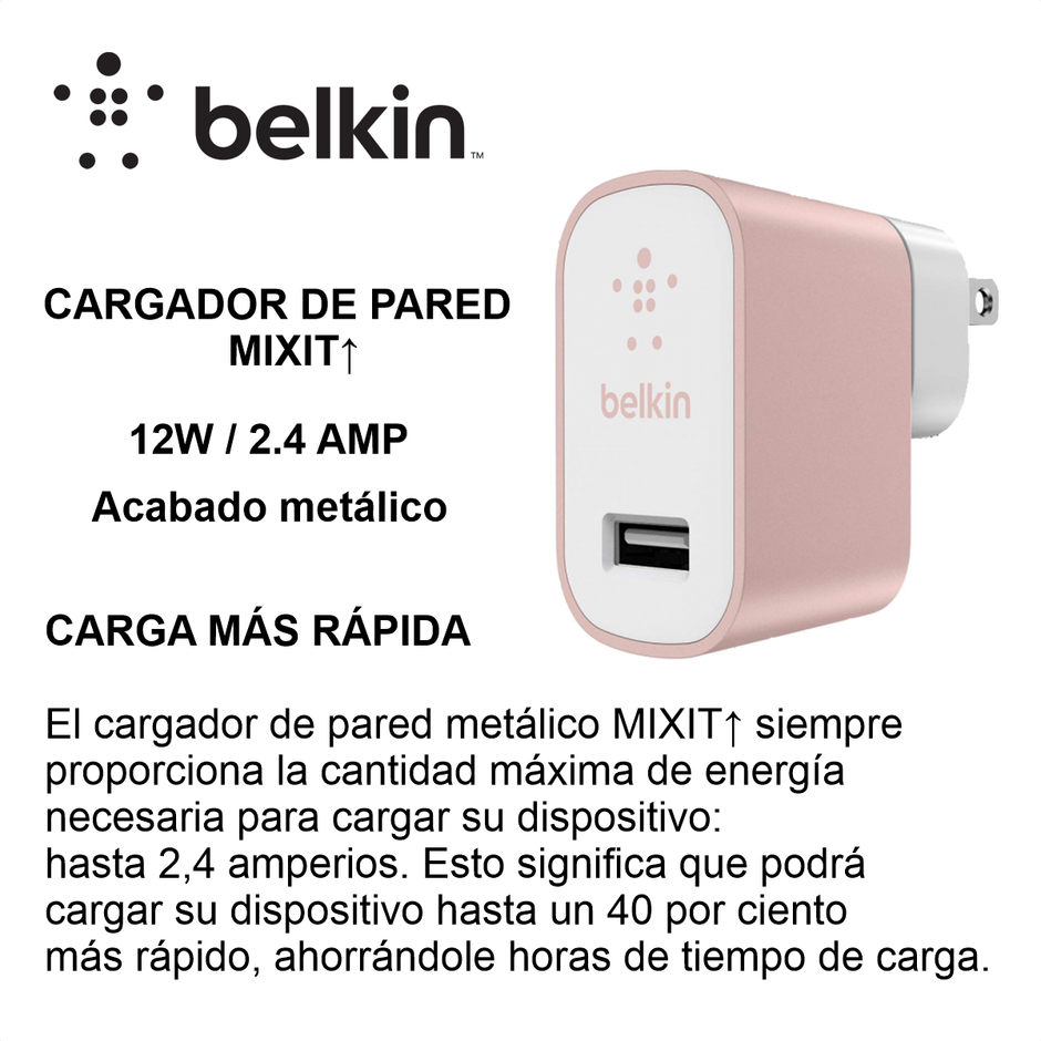 Cargador de Pared Belkin MIXIT Metálico USB-A 2.4A con Carga Rápida para Celular y Tablet