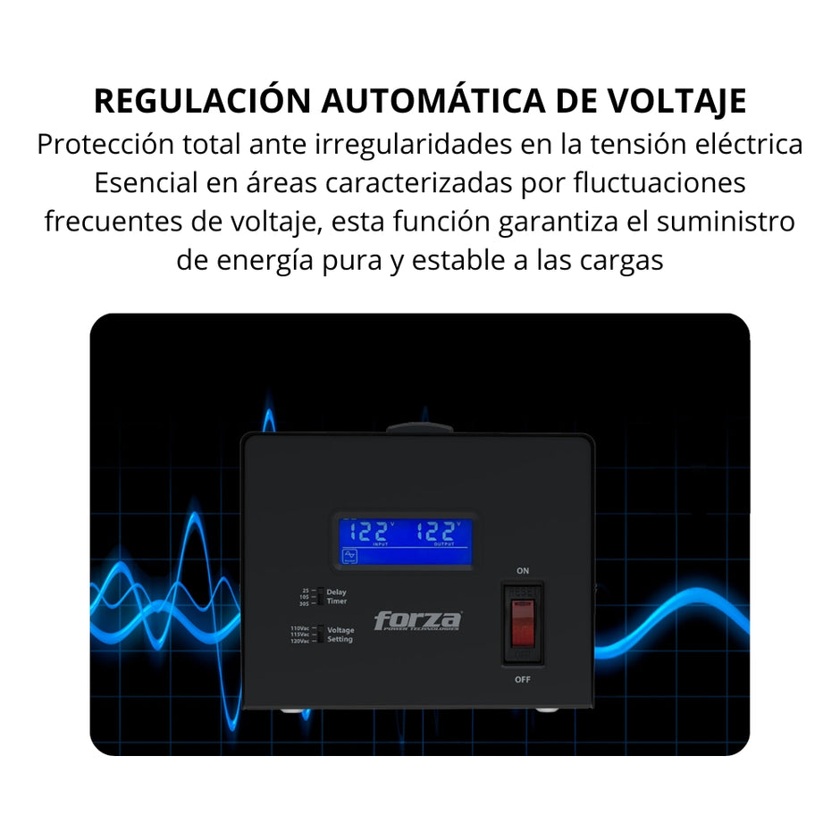 Regulador de Voltaje Forza FVR-3601 3600VA 1800W AVR con Pantalla LCD y 4 Tomas NEMA 5-15R