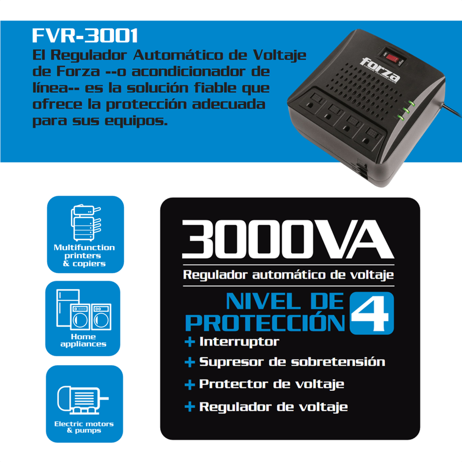 Regulador De Voltaje Forza Fvr-3001 De 3000va/1500w, 4 Tomas