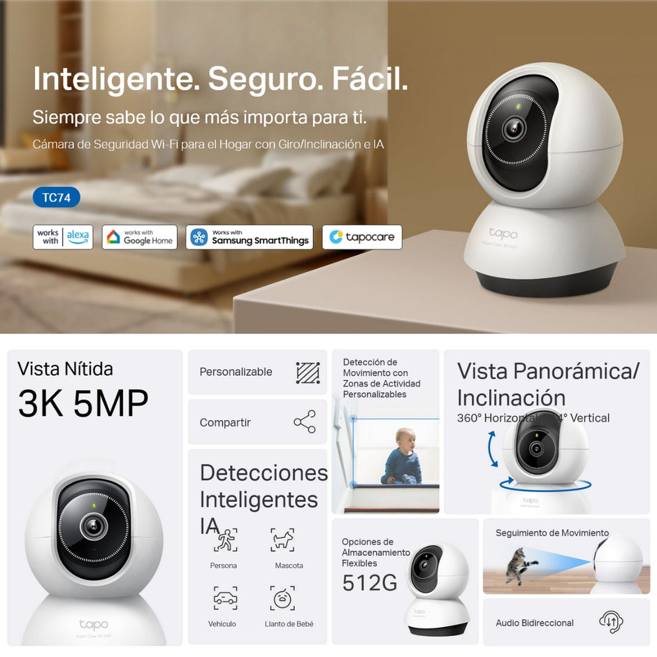 Cámara Wifi, 3K 5MP, Ai Audio Pan / Tilt, TP-Link Tapo TC74