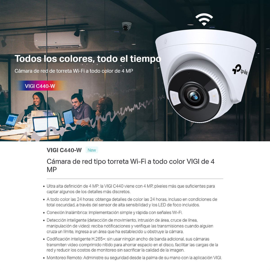 Cámara Seguridad TP-Link VIGI C440-W, Wi-Fi 4MP Visión Full Color 24/7 Detección Inteligente + Micro SD 64GB