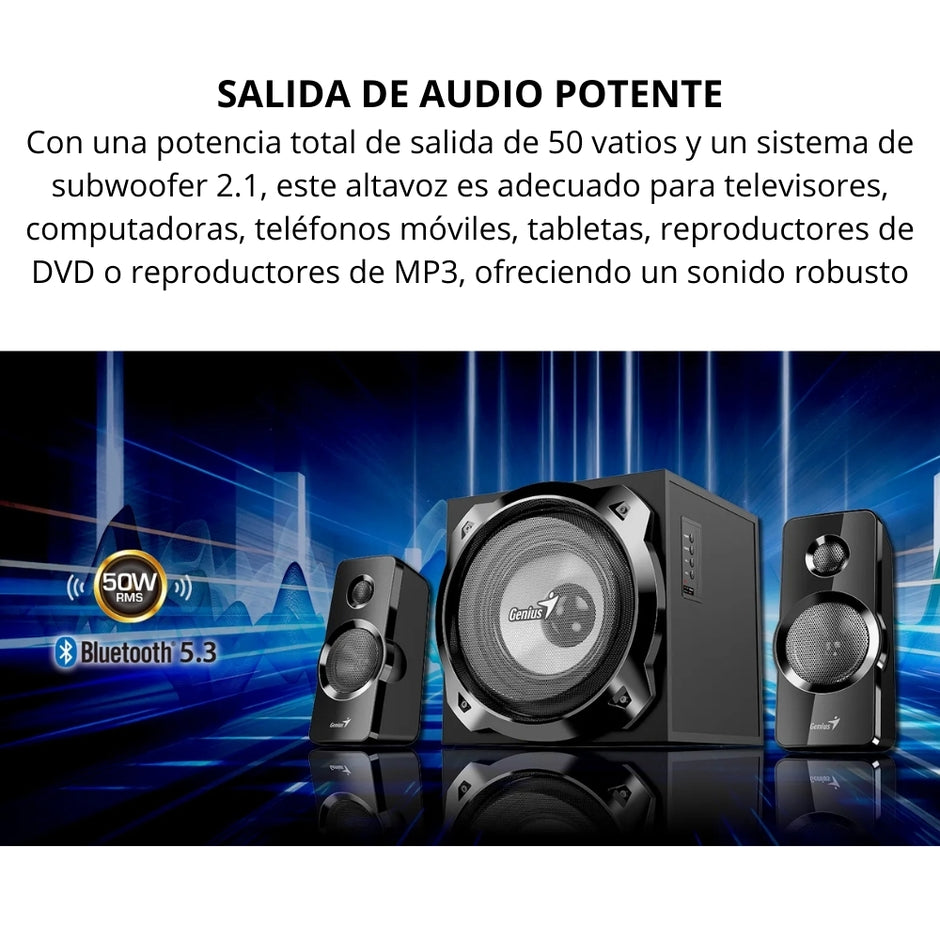 Sistema de Sonido Genius SW-2.1 1850BT 50W con Bluetooth 5.3, Subwoofer Potente 2.1 y Control Remoto