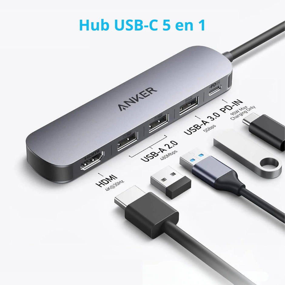 Hub USB-C Anker 5 en 1 con HDMI 4K, USB-A 3.0, 2 USB-A 2.0 y Power Delivery 90W Gris