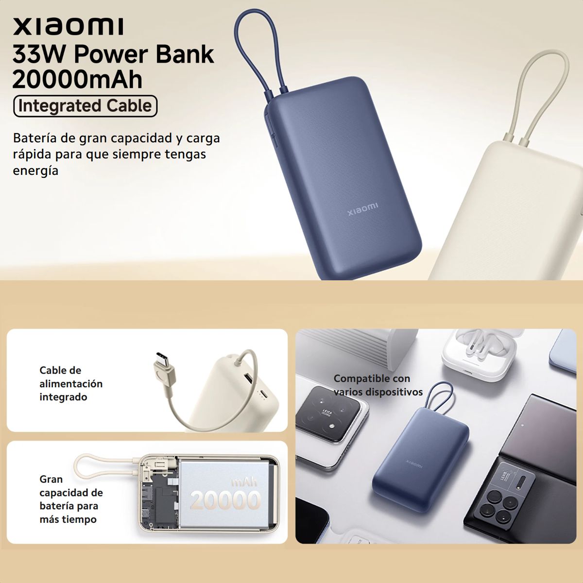 Power Bank Xiaomi 20000mAh 33W con Cable Integrado, Carga Rápida USB-C y 3 Dispositivos Simultáneos - Azul