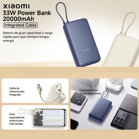 Power Bank Xiaomi 20000mAh 33W con Cable Integrado, Carga Rápida USB-C y 3 Dispositivos Simultáneos - Azul