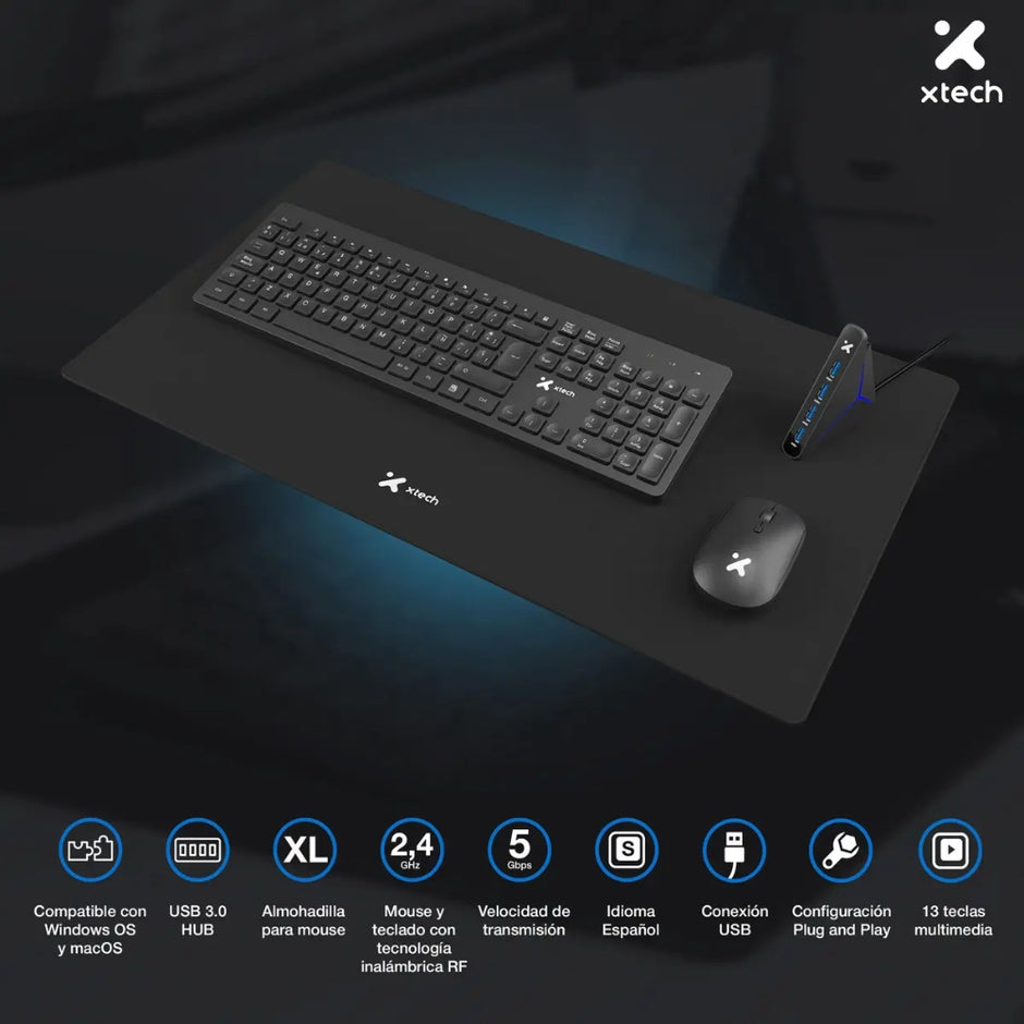 Combo Teclado, Mouse, Pad Mouse y Hub USB Xtech XTK320S
