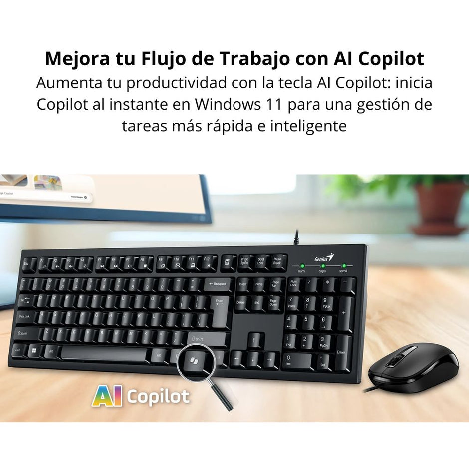 Combo Teclado Multimedia y Mouse Optico Genius KM-100SE AI Copilot - Negro