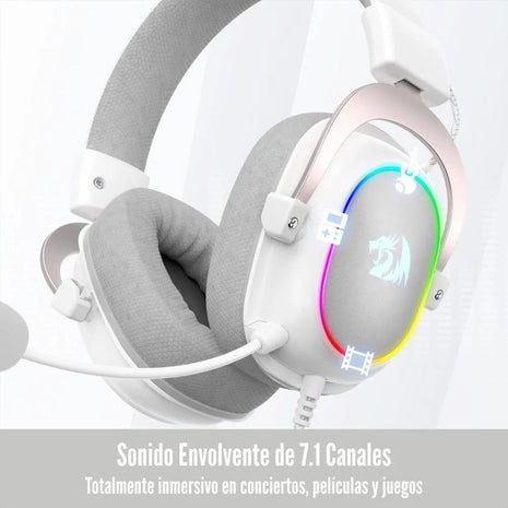 Diadema Gamer RGB Redragon Zeus X con Cable 2m, Controlador de Audio, sonido 7.1 Blanco